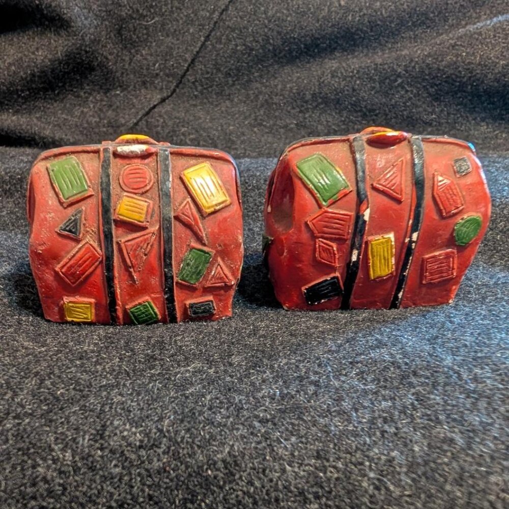 Ceramic suitcase-shaped salt and pepper shakers with colorful geometric decorati